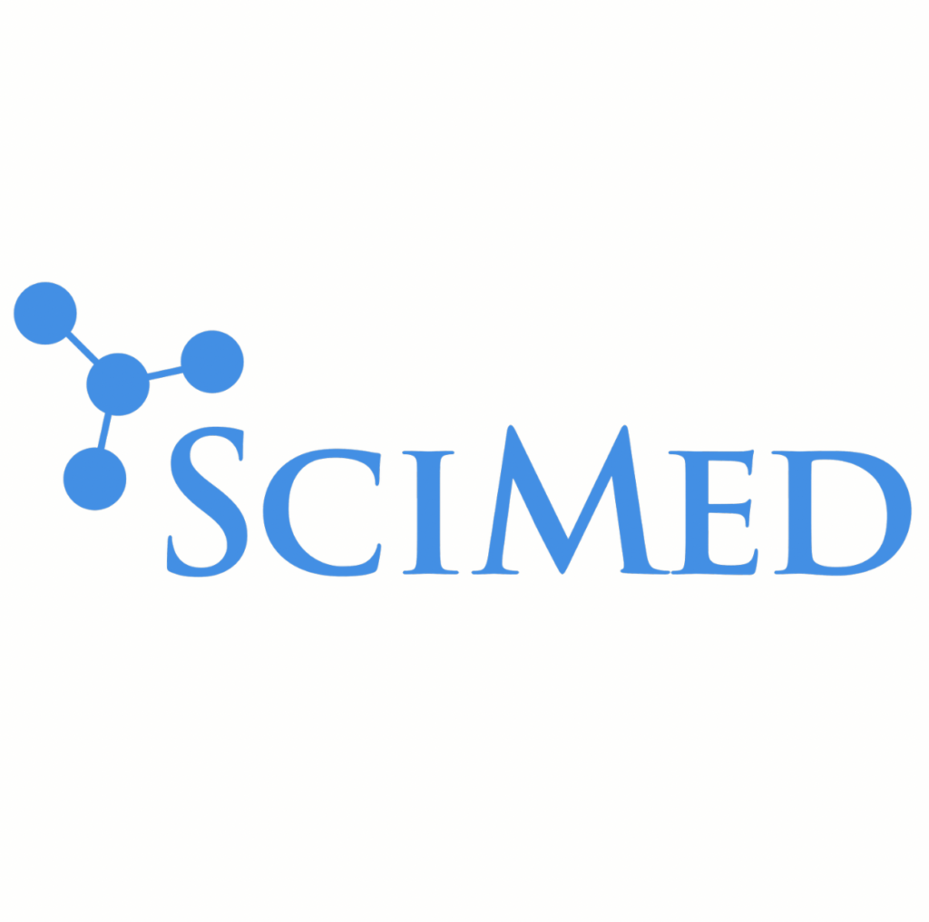SciMed logo, featuring the word "SciMed" in blue text with a blue molecular structure symbol preceding it.