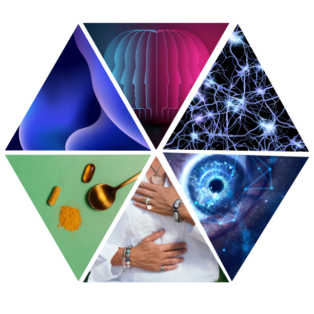 Visual representation of brain rewiring tools including neurofeedback, expanded consciousness meditations, somatic resourcing, talk therapy, mindfulness, nutritional support, and visualization techniques.